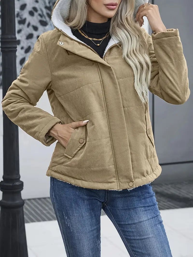 Fleece-lined Hooded Coat Winter Preppy Style Long Sleeve Jacket Warm Pockets Cotton Coat Women's Clothing